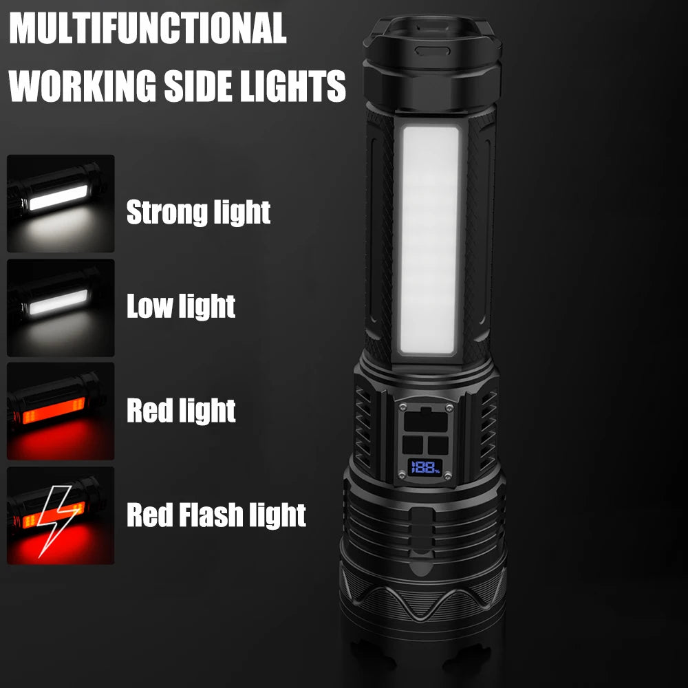 15000MAH 1000000LM Rechargeable Led Flashlight Power Bank Function Zoomable Tactical Torch with COB Side Light for Camping