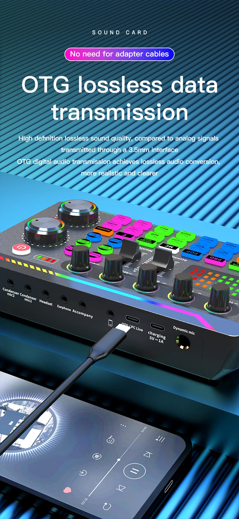 Gaming Audio Mixer Streaming Mixer with Audio Interface BT Sound Board Voice Changer Sound Card,for PC Phone Live Streaming