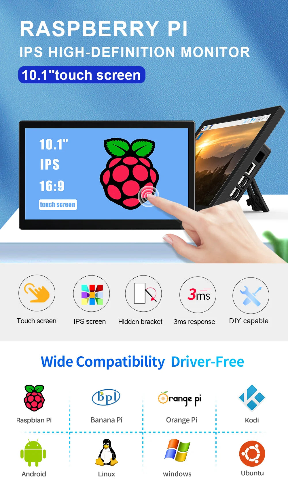 10.1 inch Touch Screen Raspberry Pi Monitor 1920x1200 LCD 16:9 60Hz Raspberry Pi 5 4 3 Industrial Display for Python