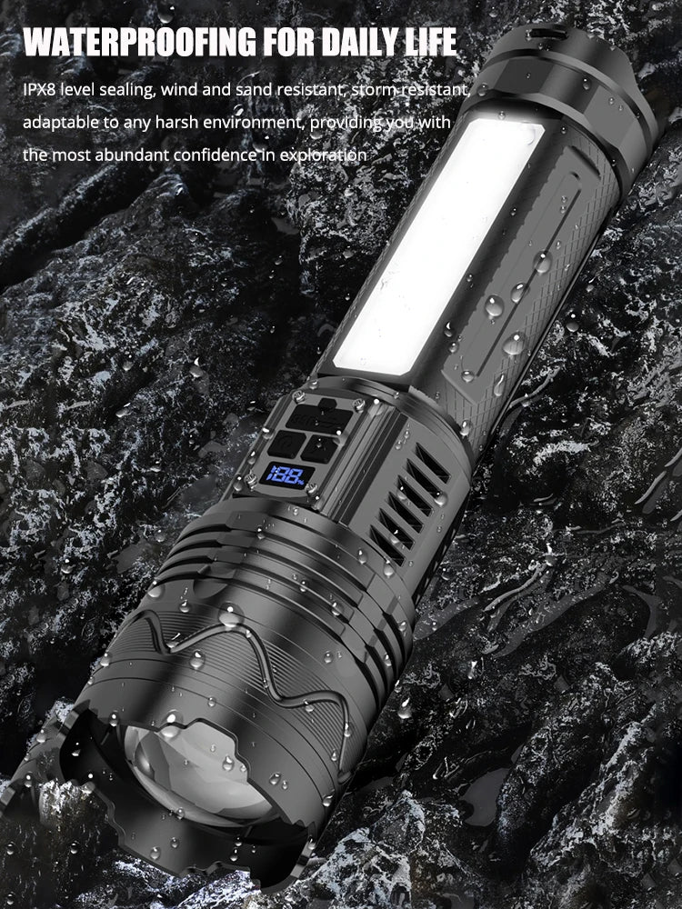 15000MAH 1000000LM Rechargeable Led Flashlight Power Bank Function Zoomable Tactical Torch with COB Side Light for Camping