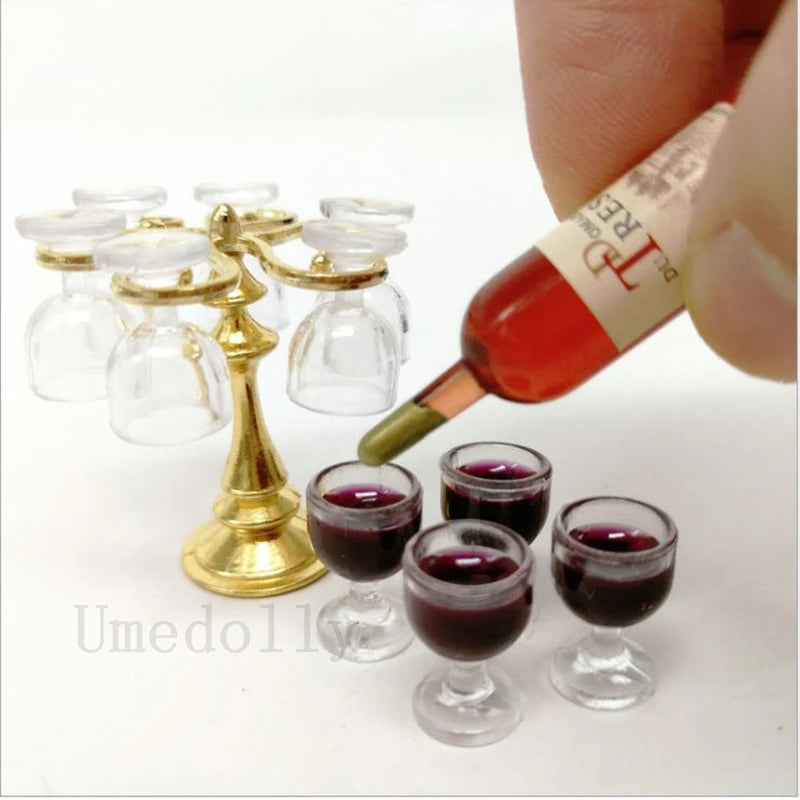 1 Set Miniature Dollhouse Bar Counter Mini Wine Bottle Champagne Glass Holder Rack Play Kitchen Furniture Toy Doll Accessories