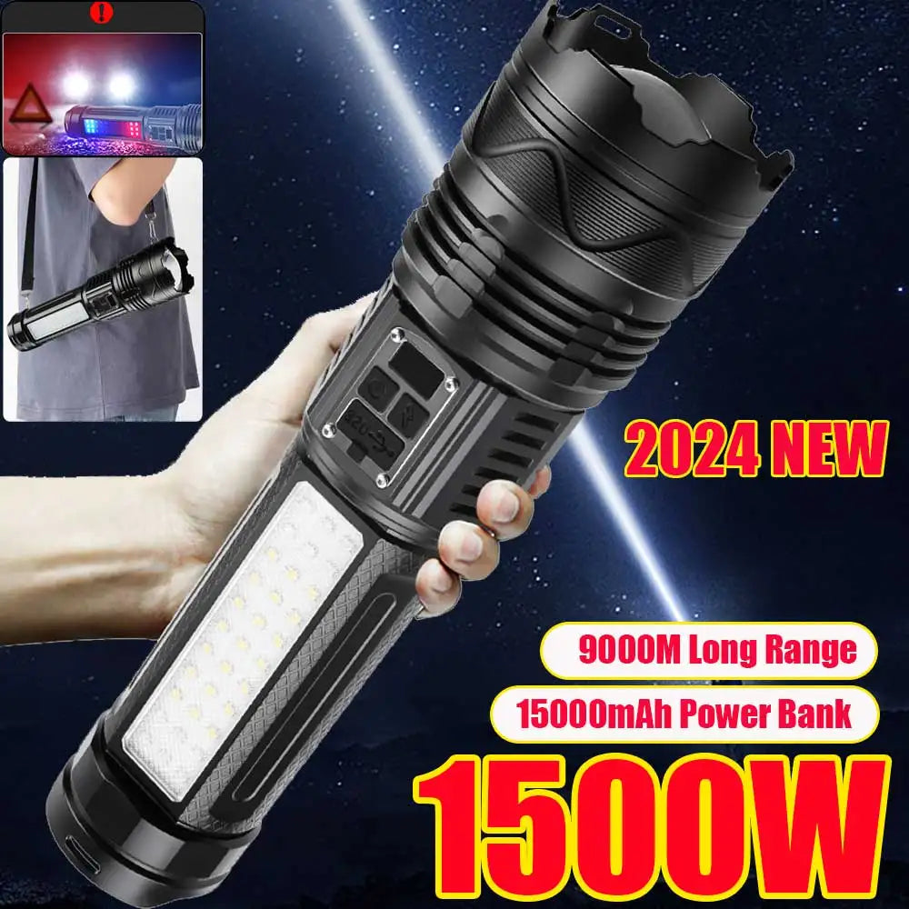 15000MAH 1000000LM Rechargeable Led Flashlight Power Bank Function Zoomable Tactical Torch with COB Side Light for Camping