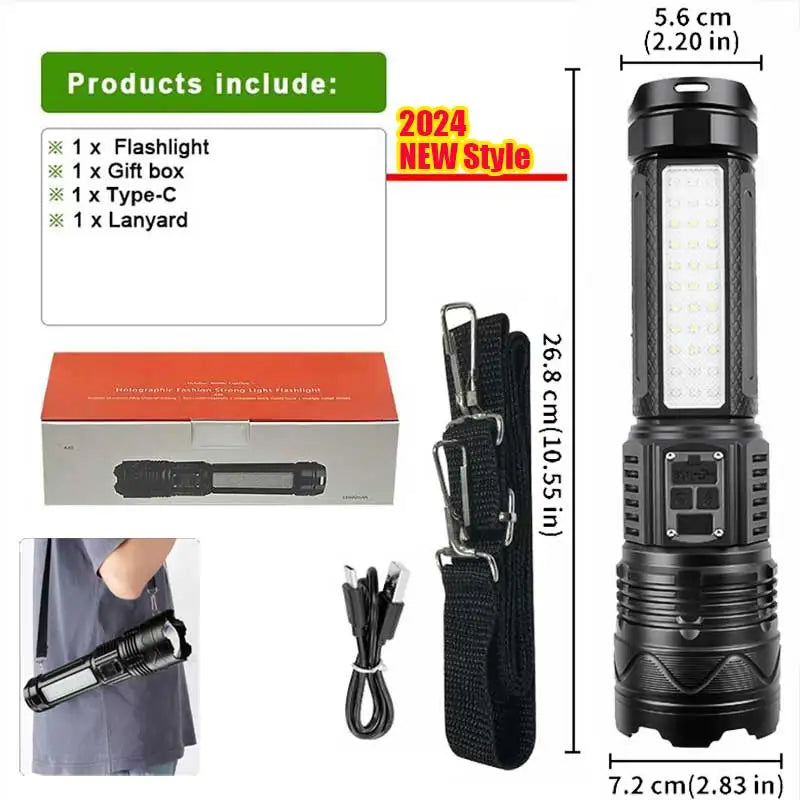 15000MAH 1000000LM Rechargeable Led Flashlight Power Bank Function Zoomable Tactical Torch with COB Side Light for Camping