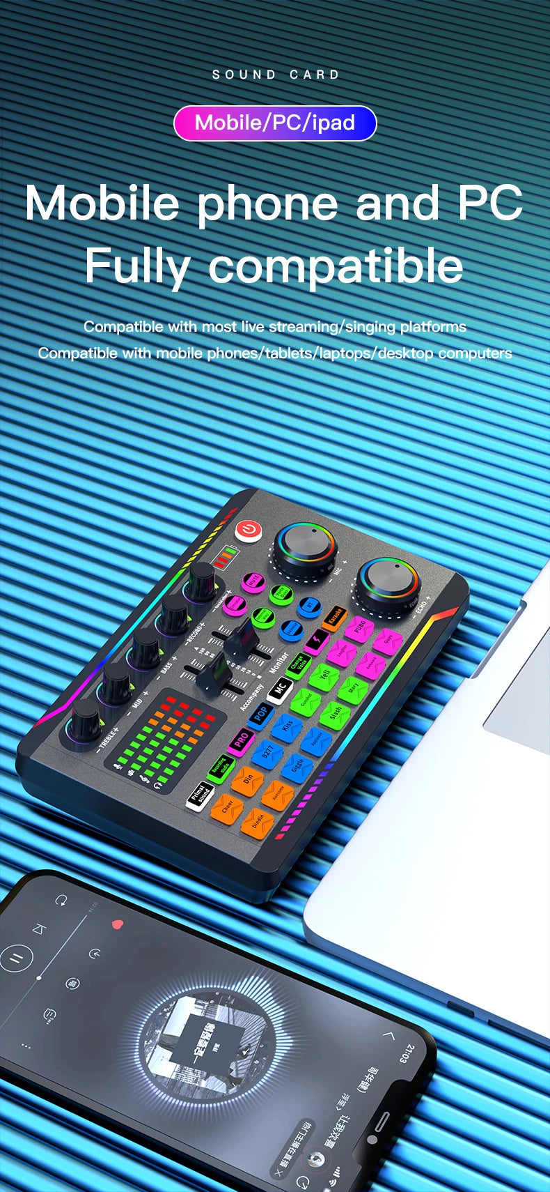 Gaming Audio Mixer Streaming Mixer with Audio Interface BT Sound Board Voice Changer Sound Card,for PC Phone Live Streaming