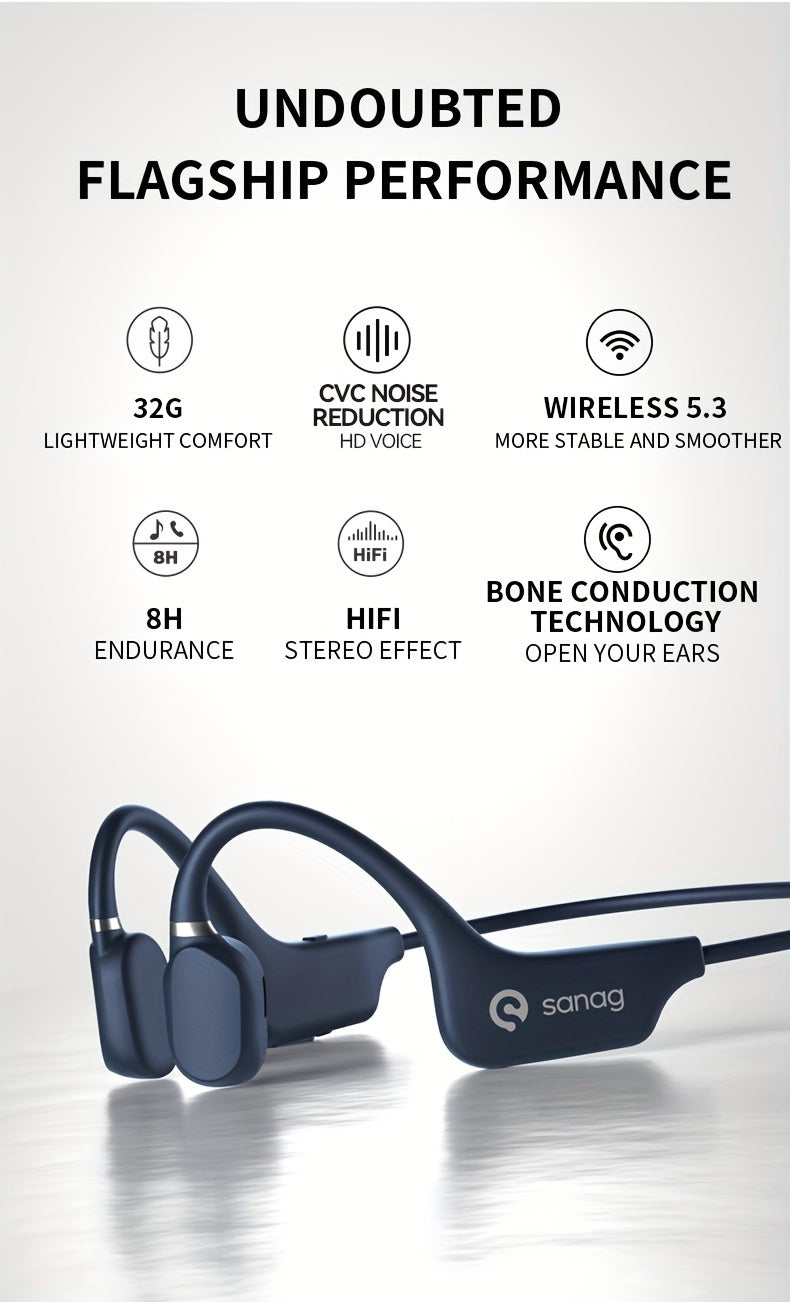 Sanag A5X True Bone Conduction Open Ear Wireless Sport Headphones - Immersive 3D Stereo Sound, Sweatproof, Lightweight, Long Battery Life - Ideal for Running, Jogging, Cycling, and Fitness Enthusiasts