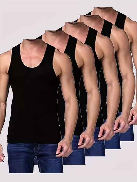 [5pcs Slim Fit Tanktop] 5pcs, Men's Basic Tanktop, Casual Slim Fit Sleeveless High Stretch Shirt Vest For Fitness, Men's Pajamas For Summer