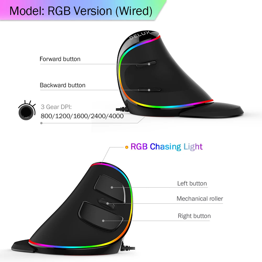 12800DPI Ergonomics Vertical Gaming Programmable Macro Delux M618 PLUS Wired Mouse 6 Buttons RGB Wireless Right Hand Mice