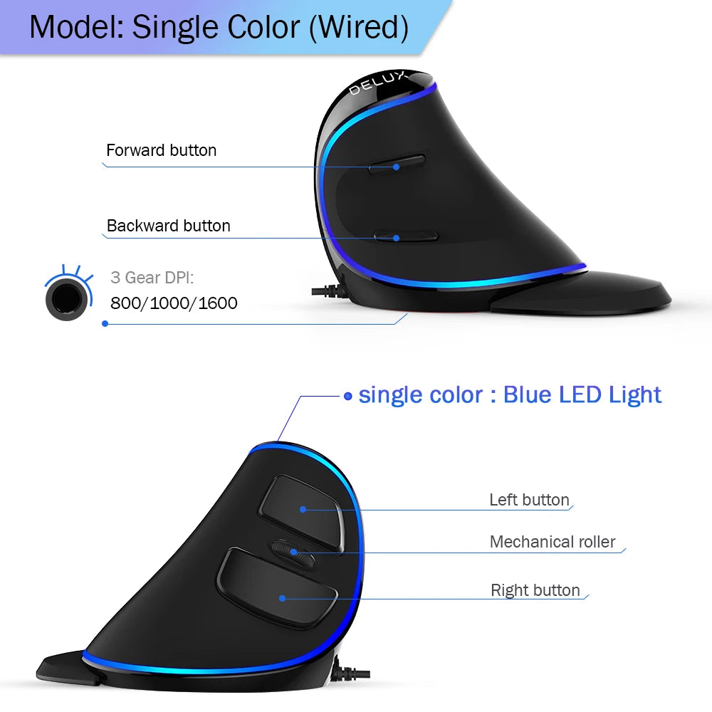 12800DPI Ergonomics Vertical Gaming Programmable Macro Delux M618 PLUS Wired Mouse 6 Buttons RGB Wireless Right Hand Mice