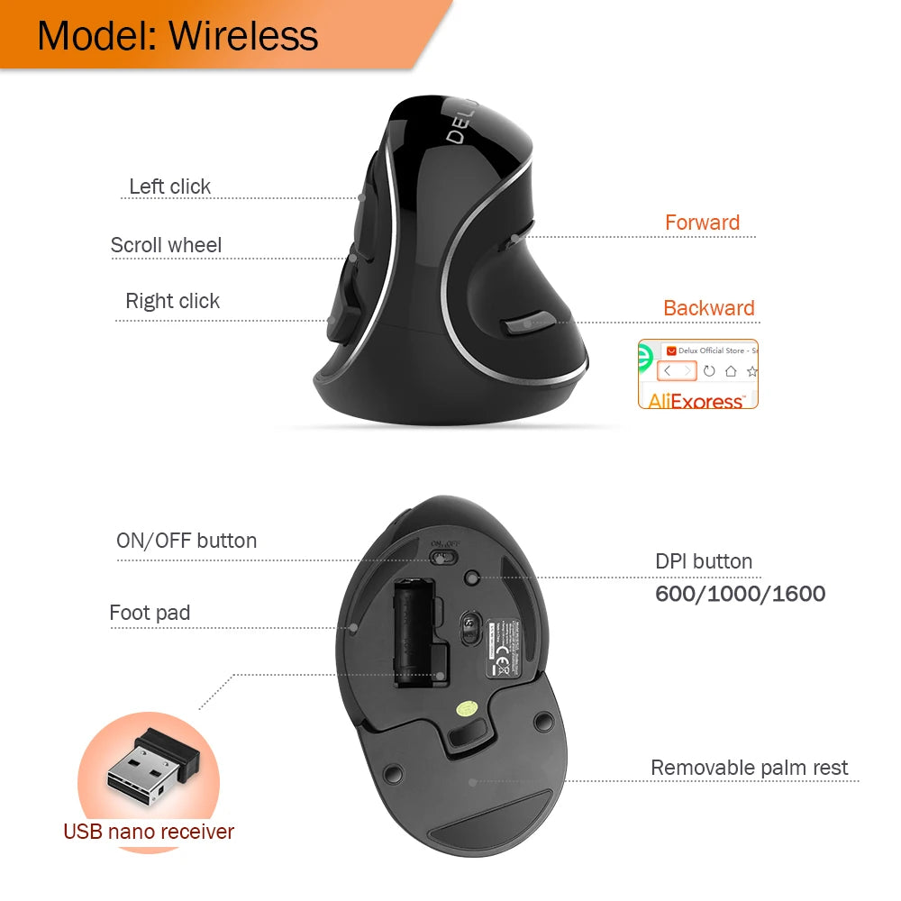 12800DPI Ergonomics Vertical Gaming Programmable Macro Delux M618 PLUS Wired Mouse 6 Buttons RGB Wireless Right Hand Mice