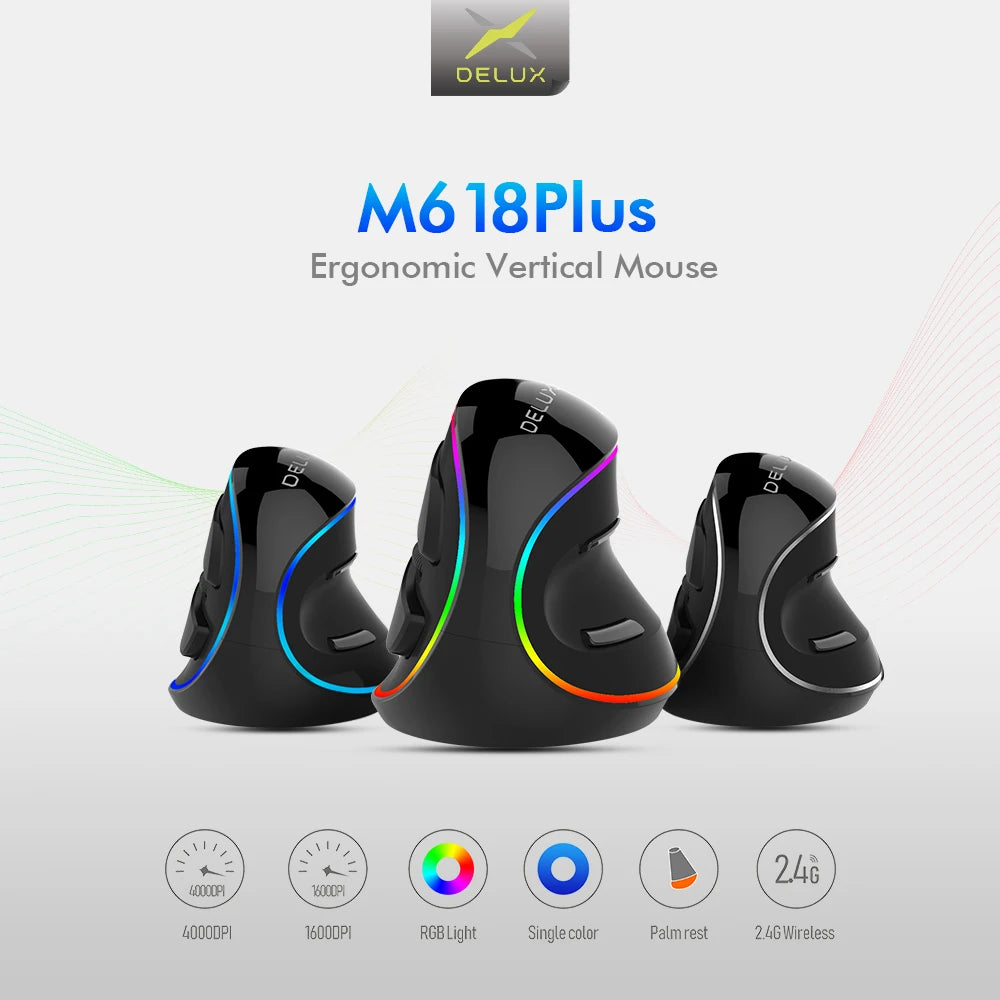 12800DPI Ergonomics Vertical Gaming Programmable Macro Delux M618 PLUS Wired Mouse 6 Buttons RGB Wireless Right Hand Mice