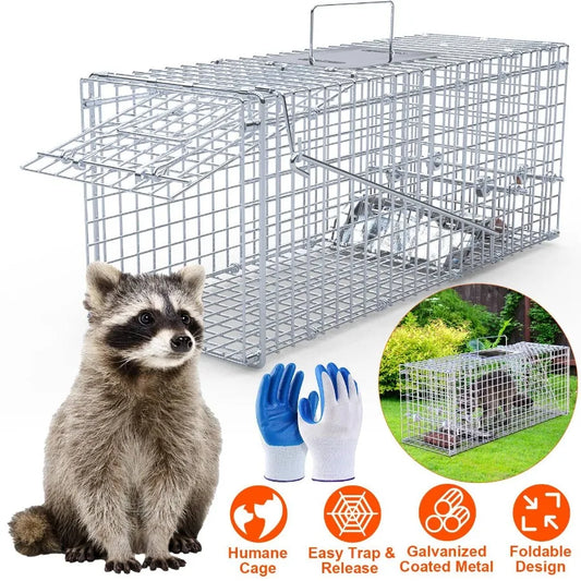 25.59Inch Live Humane Animal Trap Cage Heavy Duty Folding Catch And Release Rodent Cage For Rabbit Squirrel Possum Skunk Kitten