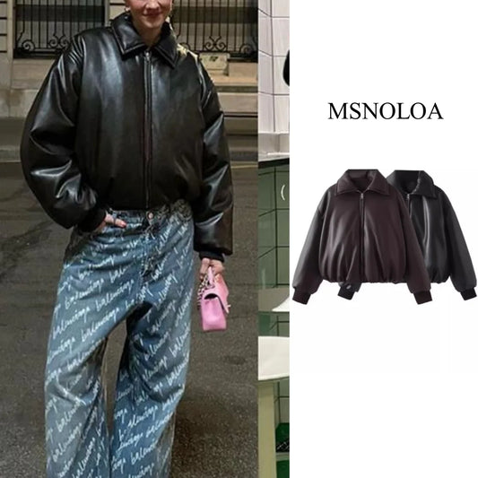 2024 Fall Winter Faux Leather Jacket for Women Oversized Streetwear Cotton Padded Parkas Short Bomber Coat Warm