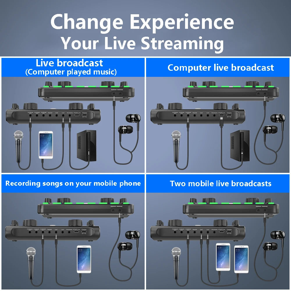 Sound Mixer Board Live Sound Card for Live Streaming Voice Changer Sound Card with Sound Effects,Audio Mixer for Music Recording
