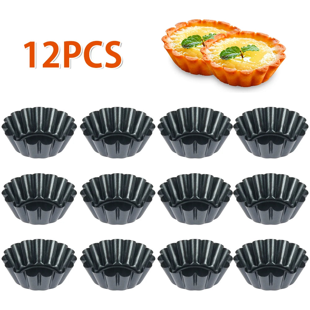 12Pcs Non Stick Egg Tart Molds Reusable Thickened Carbon Steel Cake Cookie Mold Baking Cup Kitchen Baking DIY Tool
