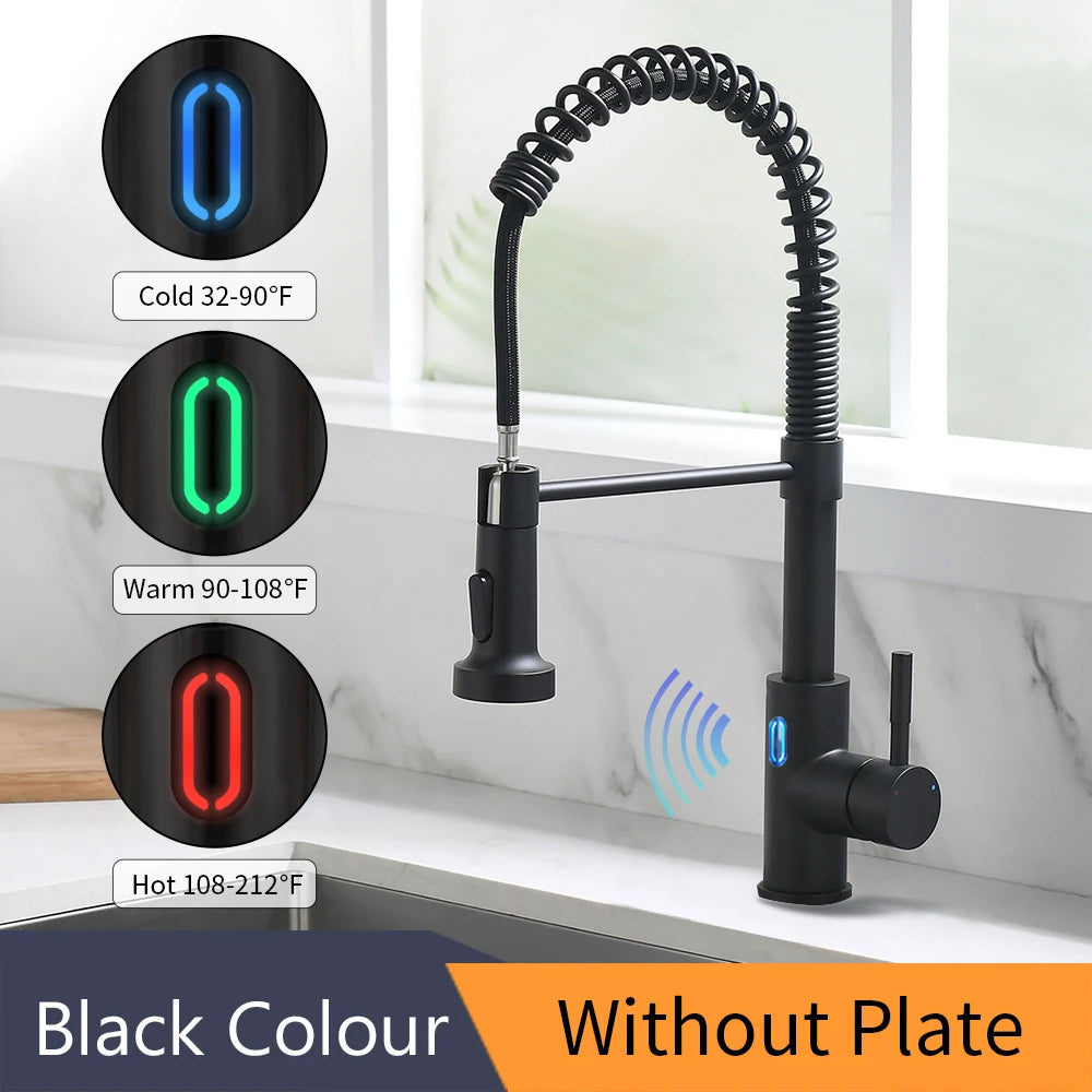 Touchless LED Light Kitchen Sink Faucet Pull Down Sprayer Smart Motion Sensor Activated Kitchen Faucet Matte Black 1079