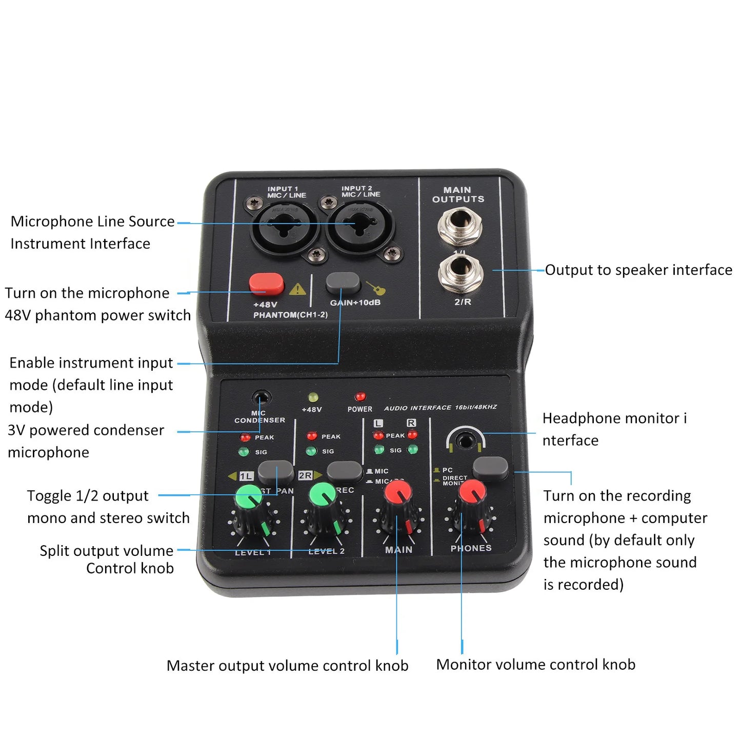 Audio Mixer Sound Board Portable 2 Channels Audio Mixer 48V Phantom Power USB Power Supply 2 Channels for Music Recording
