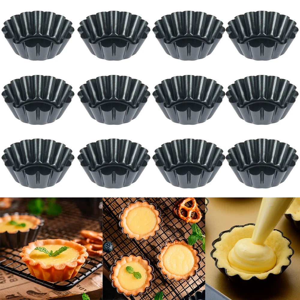 12Pcs Non Stick Egg Tart Molds Reusable Thickened Carbon Steel Cake Cookie Mold Baking Cup Kitchen Baking DIY Tool