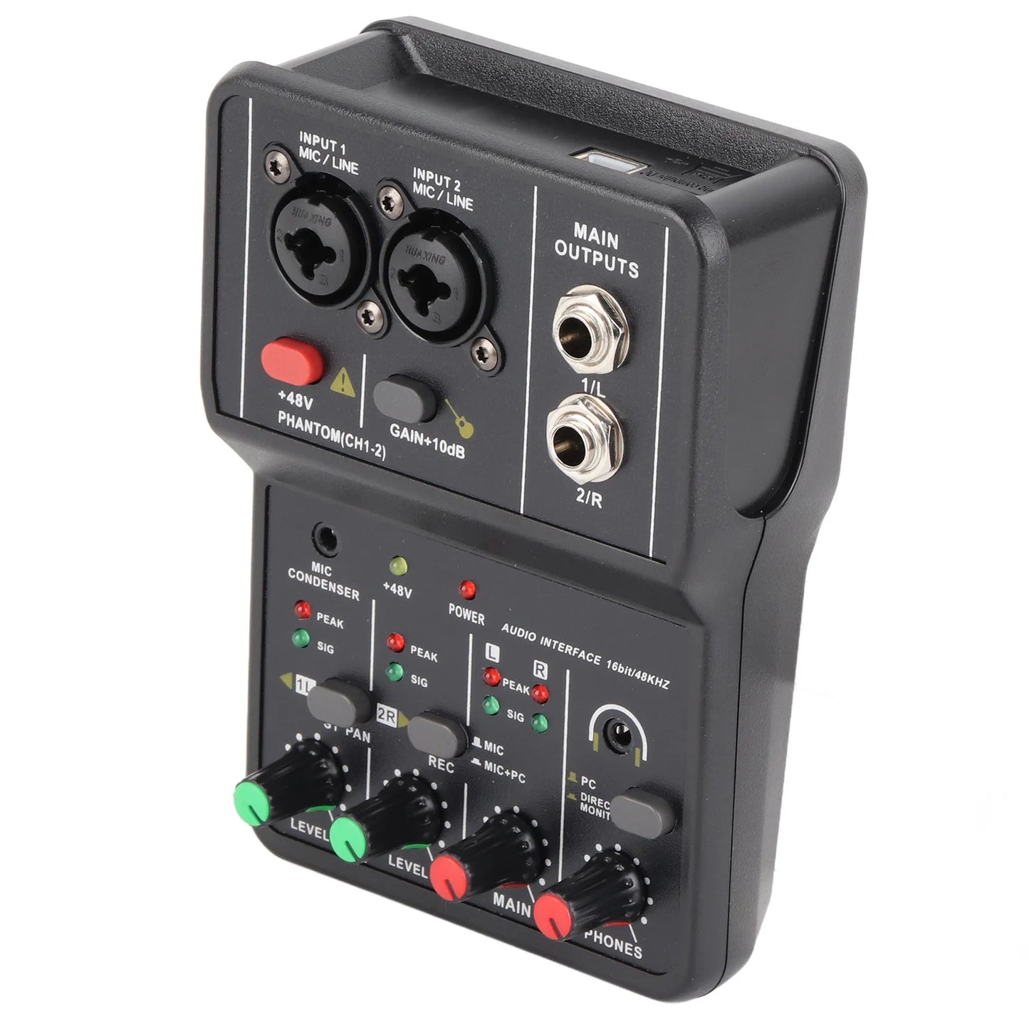 Audio Mixer Sound Board Portable 2 Channels Audio Mixer 48V Phantom Power USB Power Supply 2 Channels for Music Recording