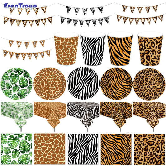 Woodland Animals Disposable Tableware Tiger Leopard Print Tablecloth Plates Cups Tissue Jungle Safari Birthday Party Decoration