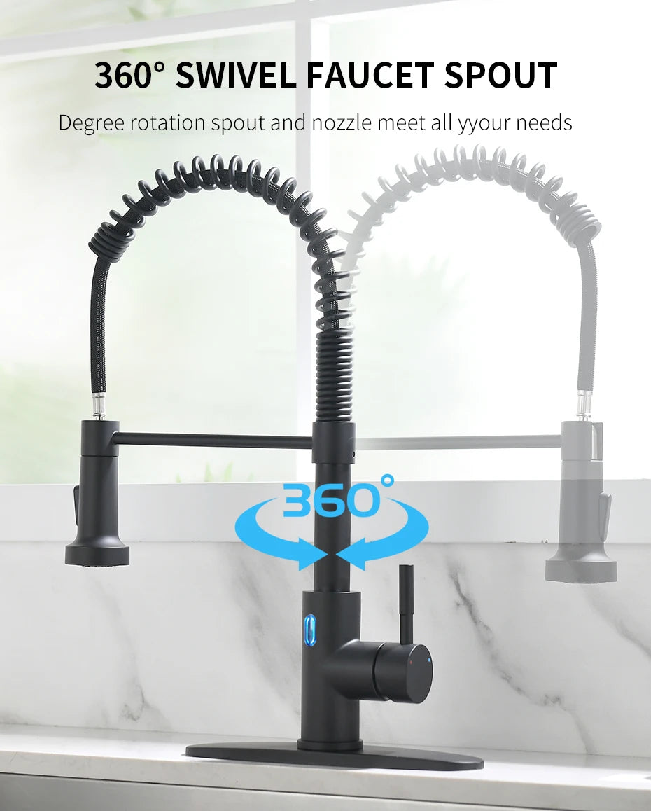 Touchless LED Light Kitchen Sink Faucet Pull Down Sprayer Smart Motion Sensor Activated Kitchen Faucet Matte Black 1079