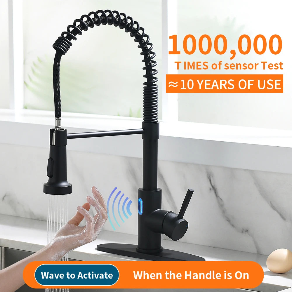 Touchless LED Light Kitchen Sink Faucet Pull Down Sprayer Smart Motion Sensor Activated Kitchen Faucet Matte Black 1079