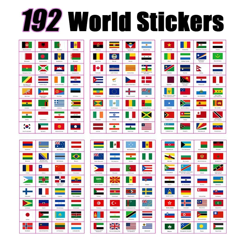 192 Countries World Flag Stickers Self-Adhesive World Country Travel Labels Face Stickers for Journal Party Passport Stickers