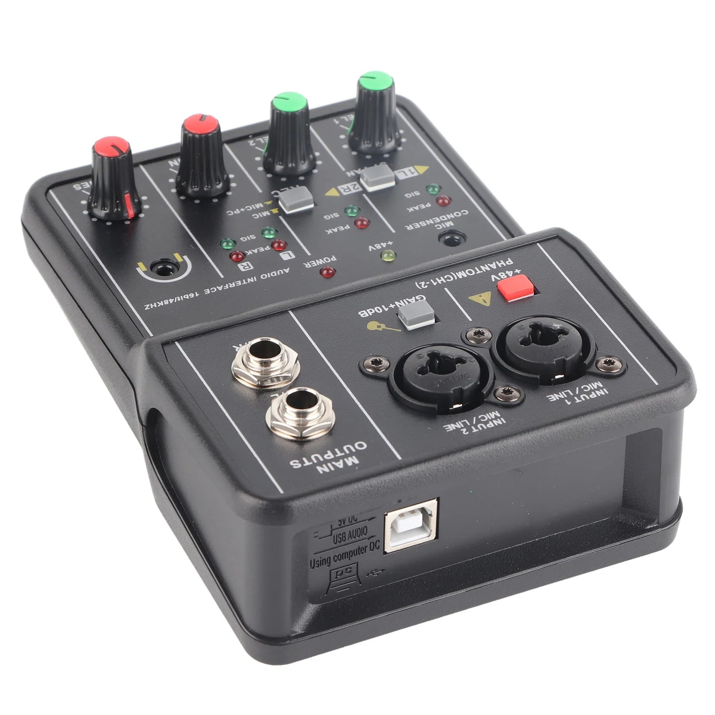 Audio Mixer Sound Board Portable 2 Channels Audio Mixer 48V Phantom Power USB Power Supply 2 Channels for Music Recording