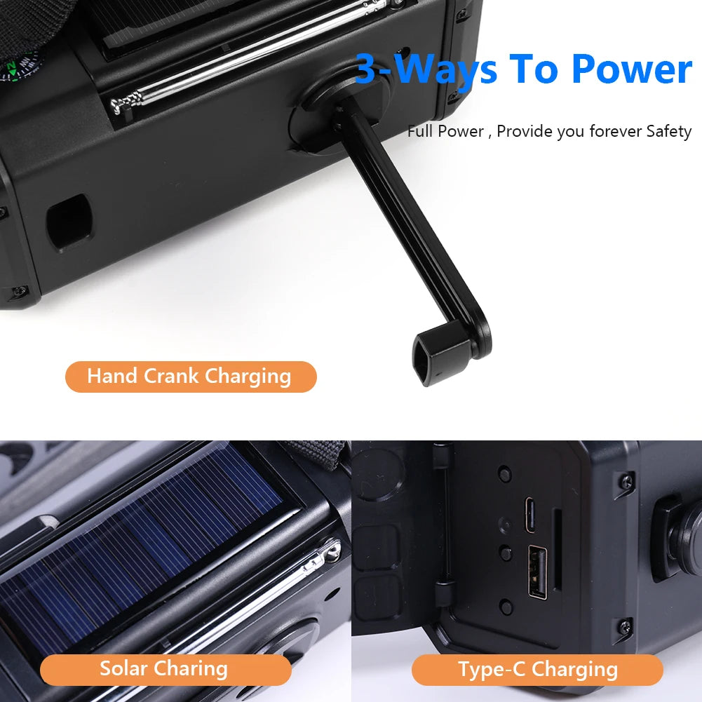 10000mAh Emergency Solar Power Radio USB Charging Hand Crank Dynamo Flashlight FM AM WB NOAA Weather Radio Power Bank