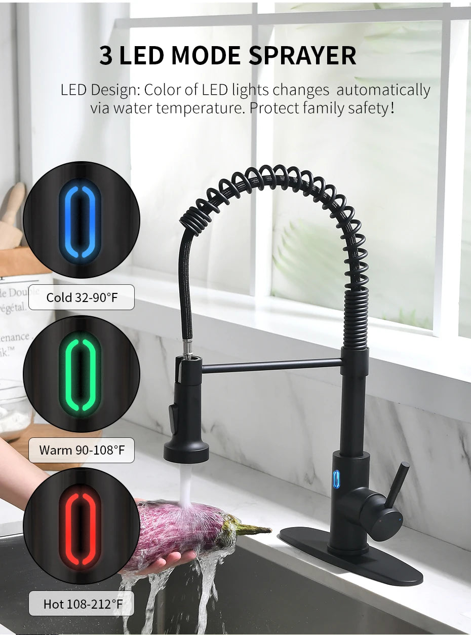 Touchless LED Light Kitchen Sink Faucet Pull Down Sprayer Smart Motion Sensor Activated Kitchen Faucet Matte Black 1079
