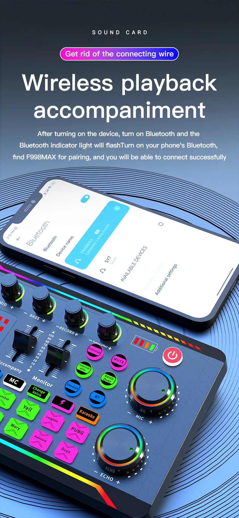 Gaming Audio Mixer Streaming Mixer with Audio Interface BT Sound Board Voice Changer Sound Card,for PC Phone Live Streaming