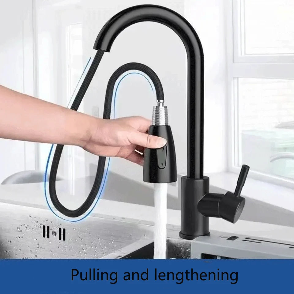 Stainless Steel Lead-Free Environmentally Friendly Kitchen Composite Pull-Out Faucet (Black) With Second Level Water Outlet