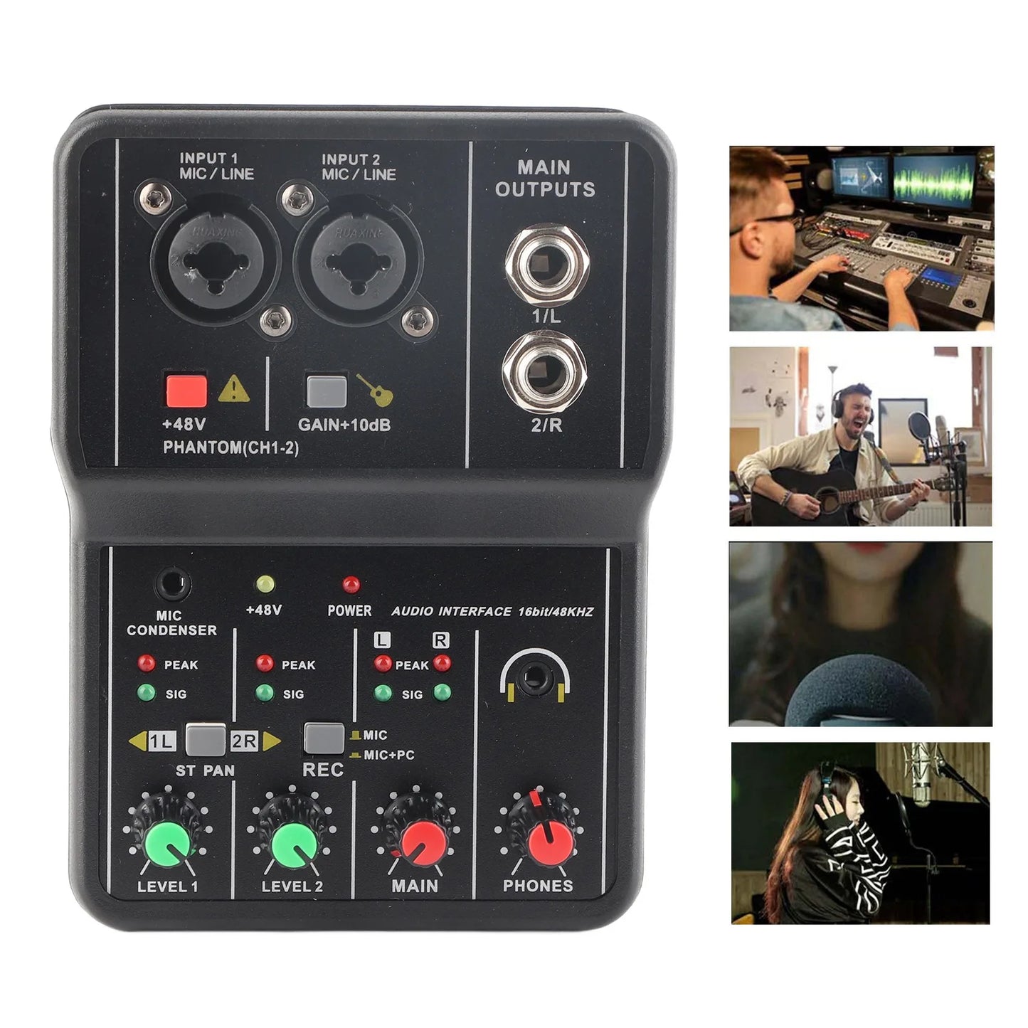 Audio Mixer Sound Board Portable 2 Channels Audio Mixer 48V Phantom Power USB Power Supply 2 Channels for Music Recording