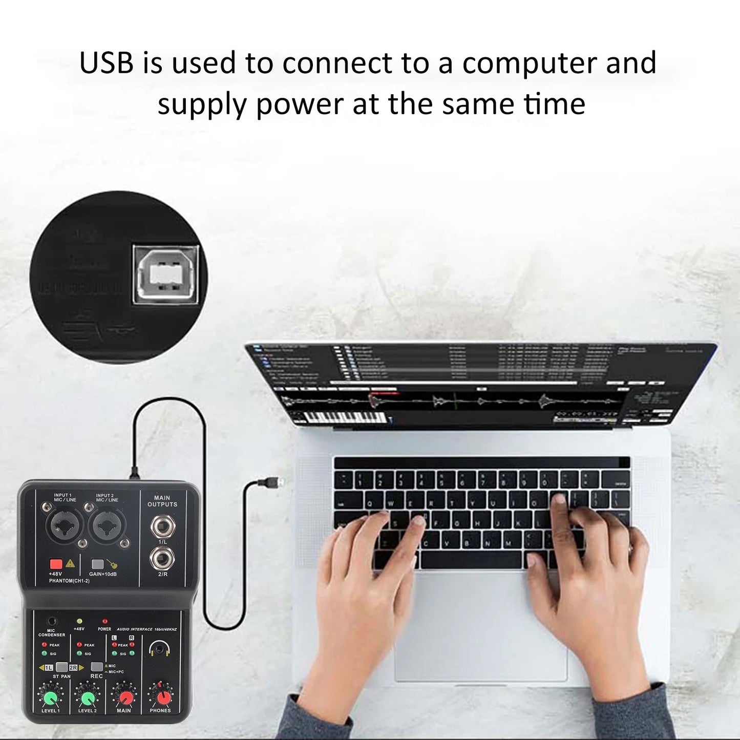 Audio Mixer Sound Board Portable 2 Channels Audio Mixer 48V Phantom Power USB Power Supply 2 Channels for Music Recording