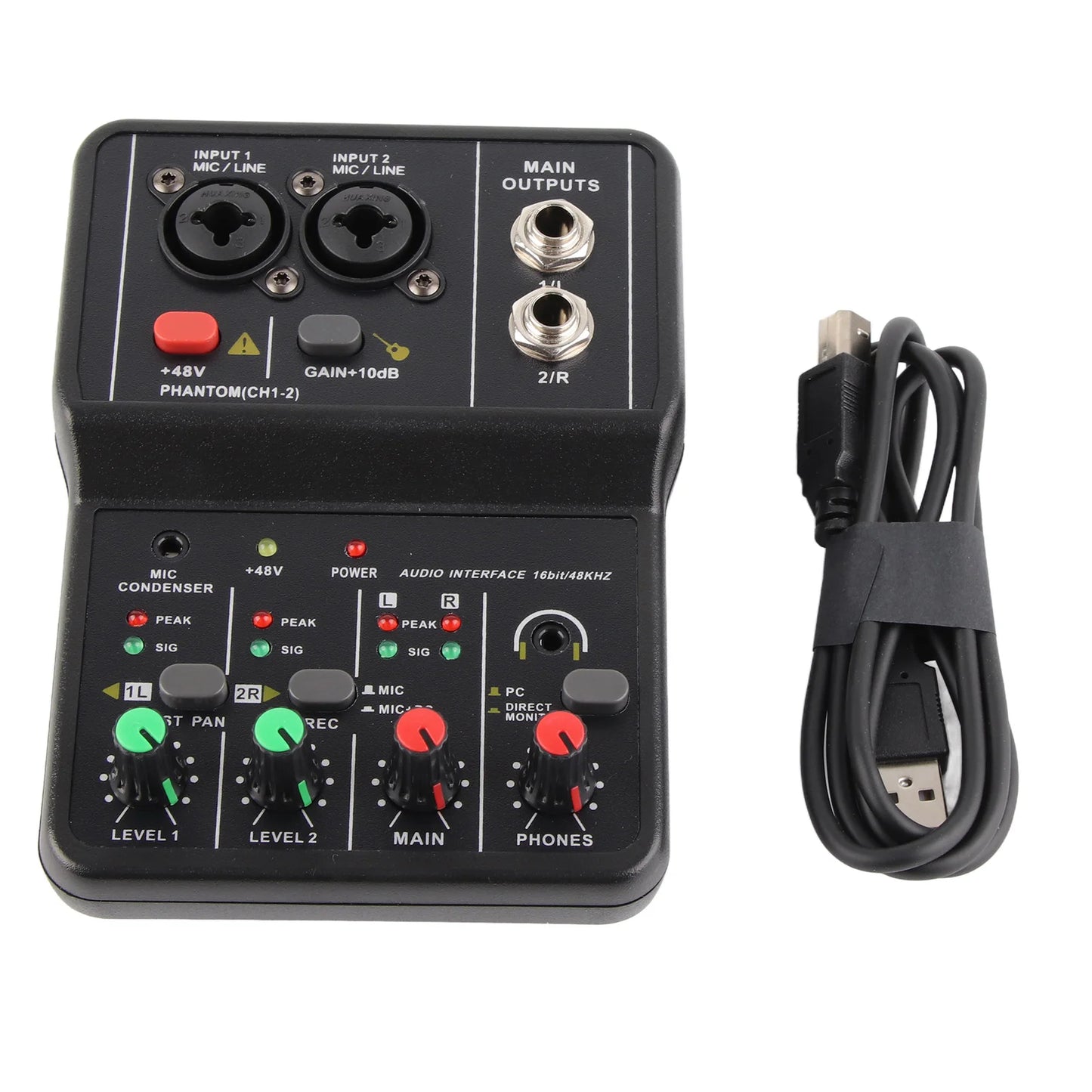 Audio Mixer Sound Board Portable 2 Channels Audio Mixer 48V Phantom Power USB Power Supply 2 Channels for Music Recording