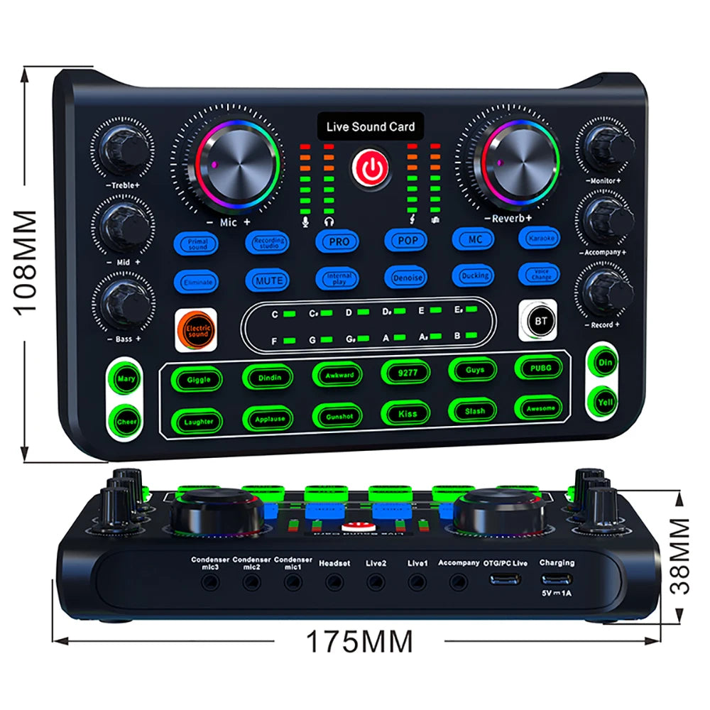 Sound Mixer Board Live Sound Card for Live Streaming Voice Changer Sound Card with Sound Effects,Audio Mixer for Music Recording