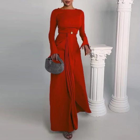 2024 Casual Solid Prom Dress Elegant O Neck High Waist Pleated Commuter Dress New Autumn Fashion Flared Sleeve Split Long Dress