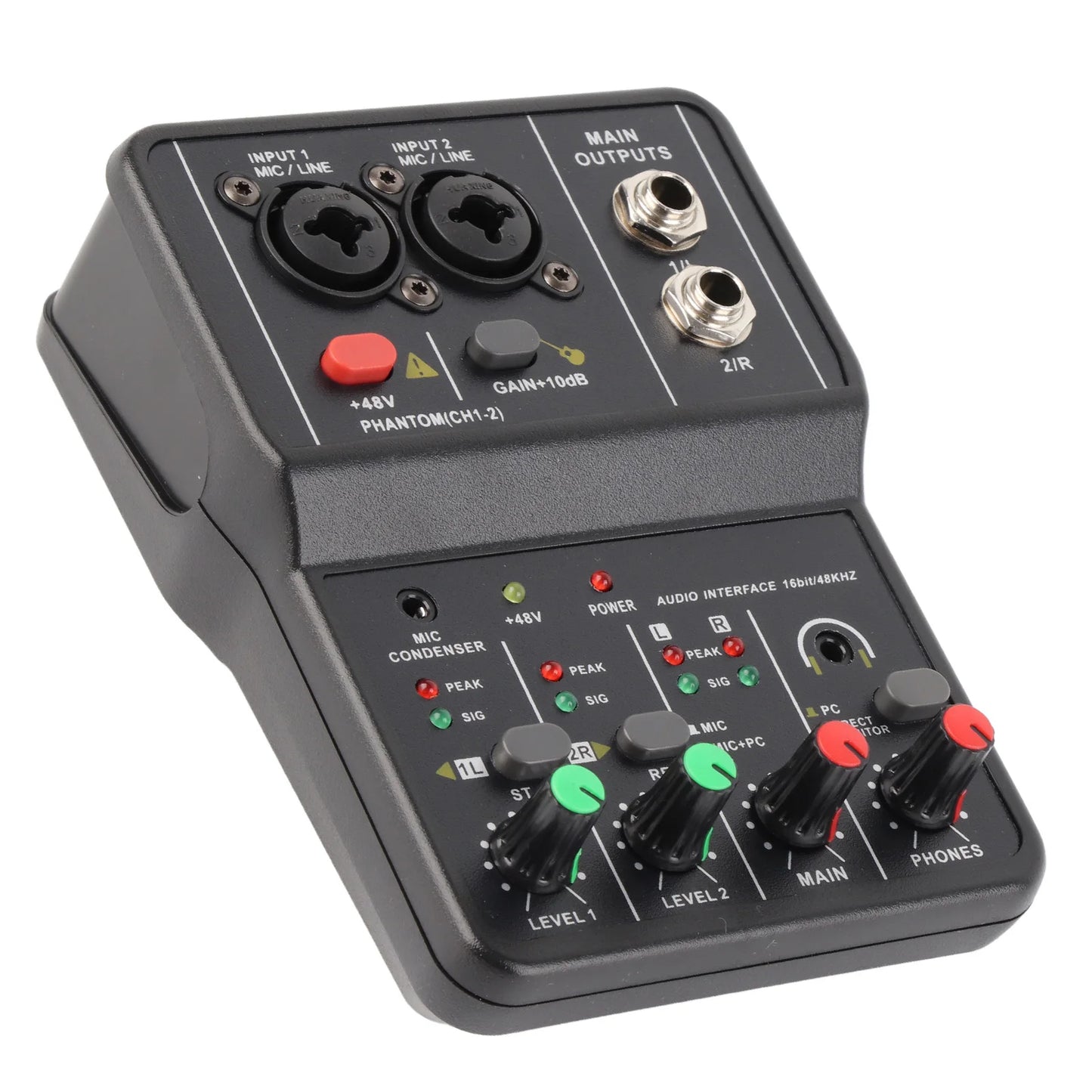 Audio Mixer Sound Board Portable 2 Channels Audio Mixer 48V Phantom Power USB Power Supply 2 Channels for Music Recording