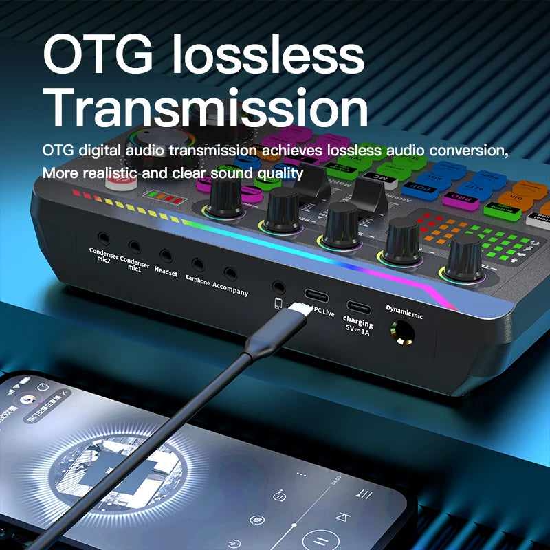 Gaming Audio Mixer Streaming Mixer with Audio Interface BT Sound Board Voice Changer Sound Card,for PC Phone Live Streaming