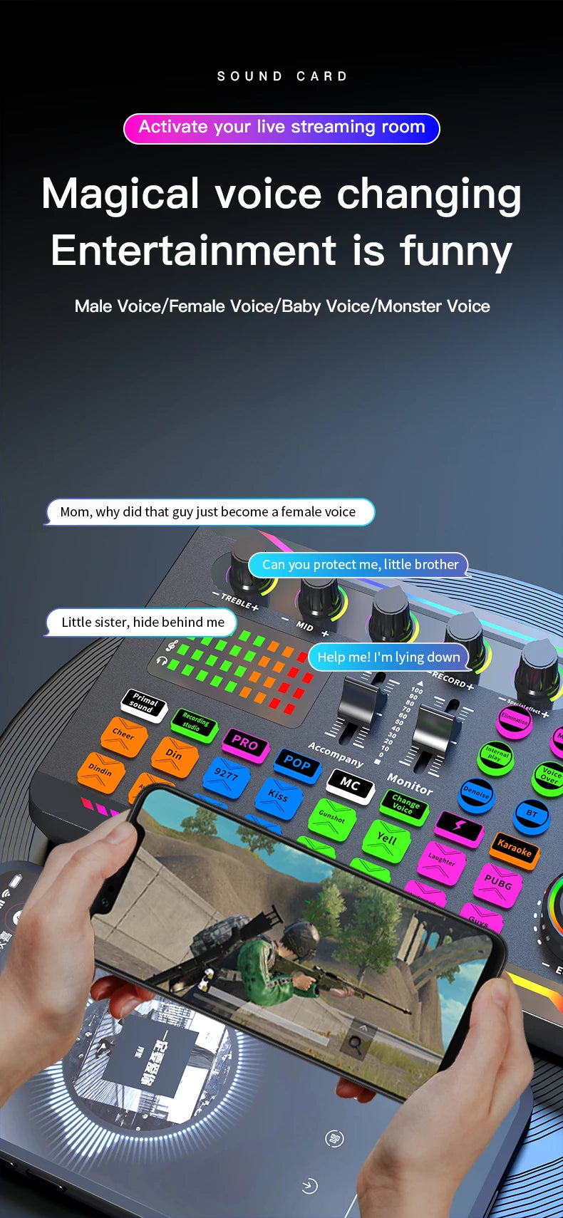 Gaming Audio Mixer Streaming Mixer with Audio Interface BT Sound Board Voice Changer Sound Card,for PC Phone Live Streaming