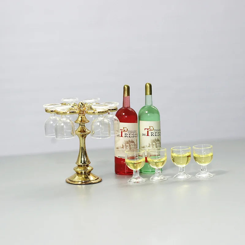 1 Set Miniature Dollhouse Bar Counter Mini Wine Bottle Champagne Glass Holder Rack Play Kitchen Furniture Toy Doll Accessories