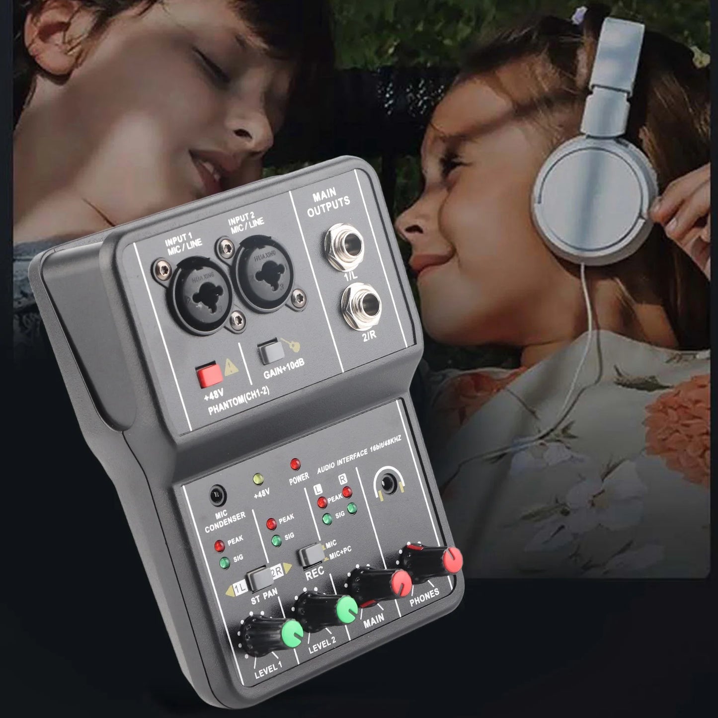 Audio Mixer Sound Board Portable 2 Channels Audio Mixer 48V Phantom Power USB Power Supply 2 Channels for Music Recording