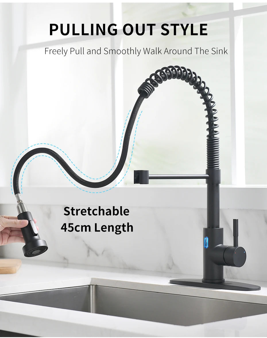 Touchless LED Light Kitchen Sink Faucet Pull Down Sprayer Smart Motion Sensor Activated Kitchen Faucet Matte Black 1079