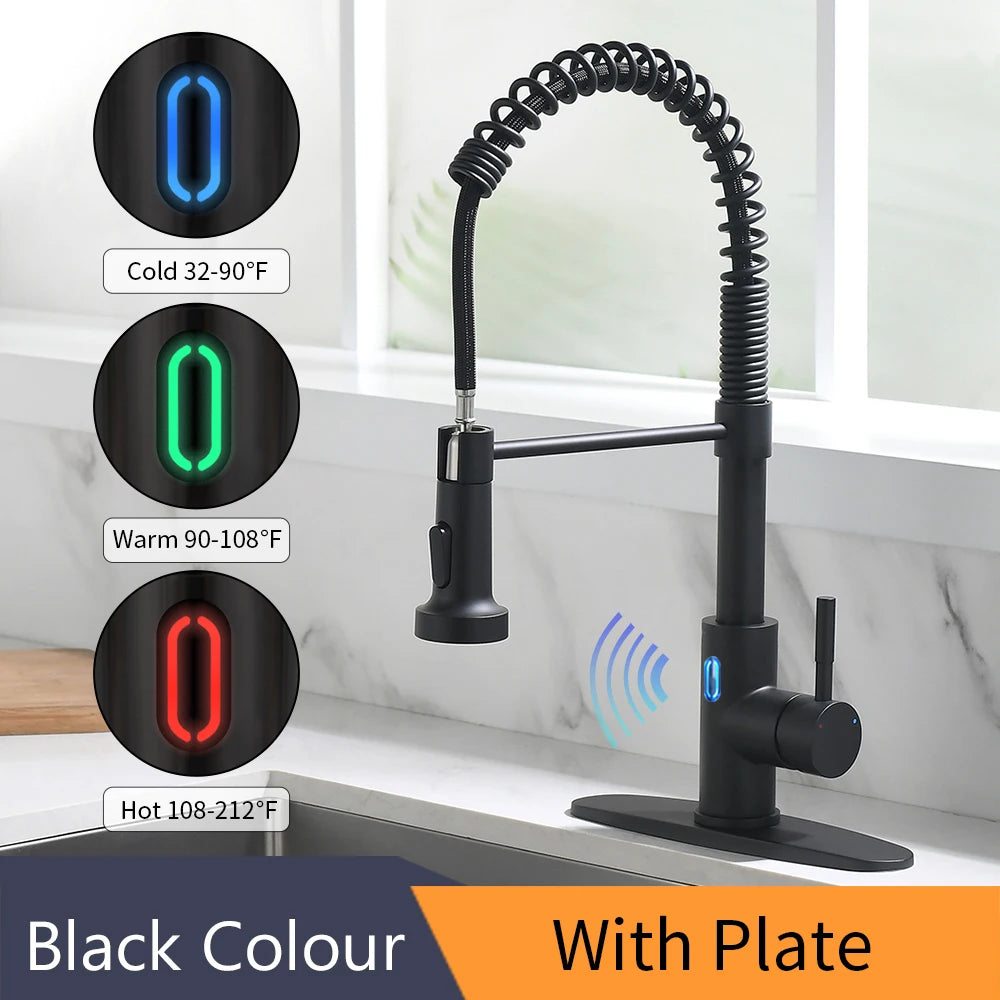 Touchless LED Light Kitchen Sink Faucet Pull Down Sprayer Smart Motion Sensor Activated Kitchen Faucet Matte Black 1079