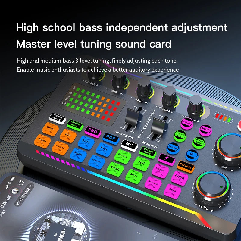 Gaming Audio Mixer Streaming Mixer with Audio Interface BT Sound Board Voice Changer Sound Card,for PC Phone Live Streaming
