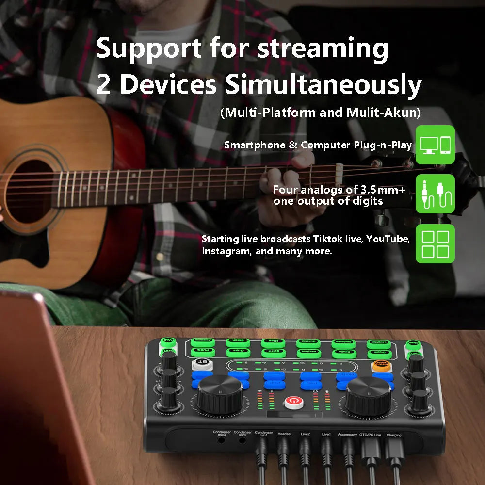 Voice Changer Sound Card with Multiple Sound Effects Sound Mixer Board X60 Sound Card for Live Streaming Music Recording