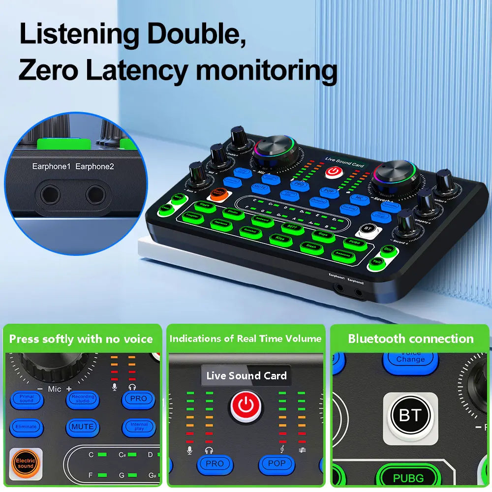 Voice Changer Sound Card with Multiple Sound Effects Sound Mixer Board X60 Sound Card for Live Streaming Music Recording