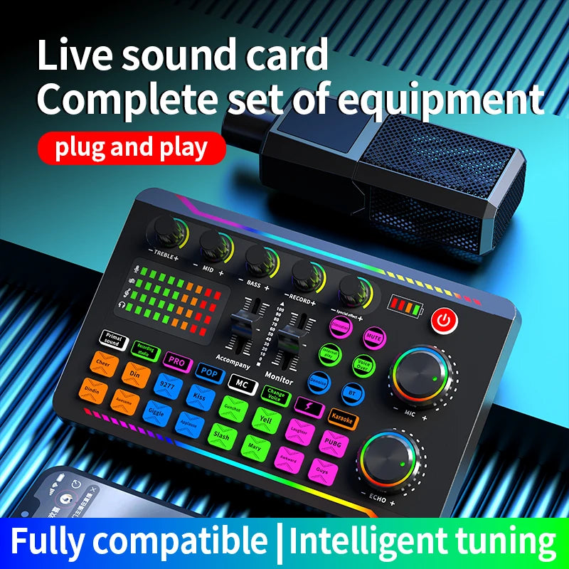 Gaming Audio Mixer Streaming Mixer with Audio Interface BT Sound Board Voice Changer Sound Card,for PC Phone Live Streaming