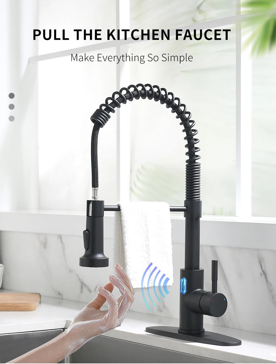 Touchless LED Light Kitchen Sink Faucet Pull Down Sprayer Smart Motion Sensor Activated Kitchen Faucet Matte Black 1079