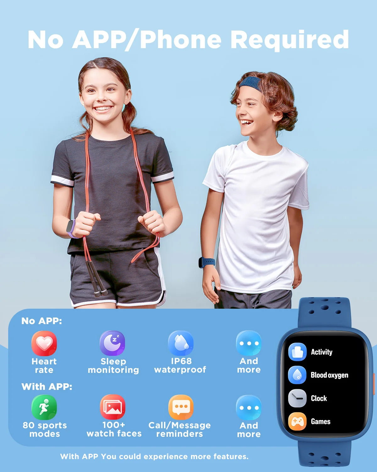 BIGGERFIVE Smart Watch for Kids No APP No Phone Needed, 1.8" Fitness Tracker Watch Pedometer, Heart Rate, Sleep Monitor, IP68 Wa