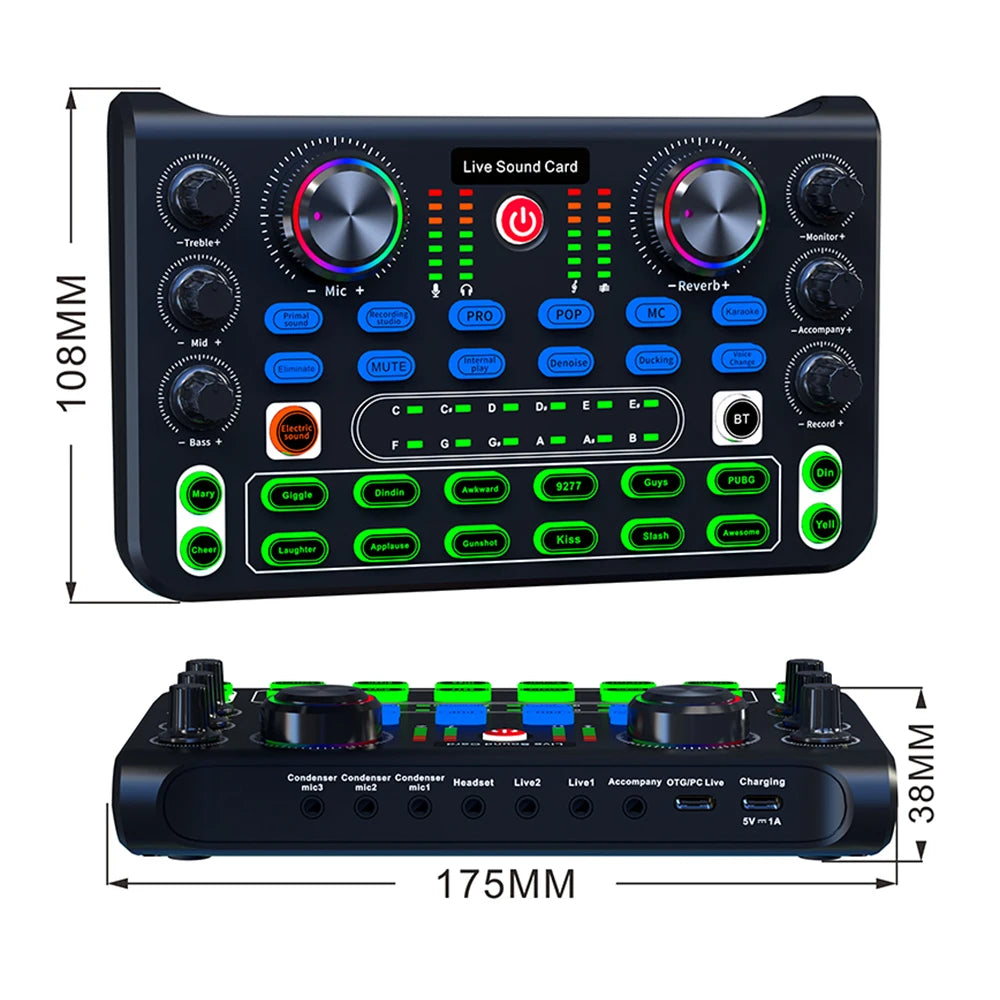 Voice Changer Sound Card with Multiple Sound Effects Sound Mixer Board X60 Sound Card for Live Streaming Music Recording